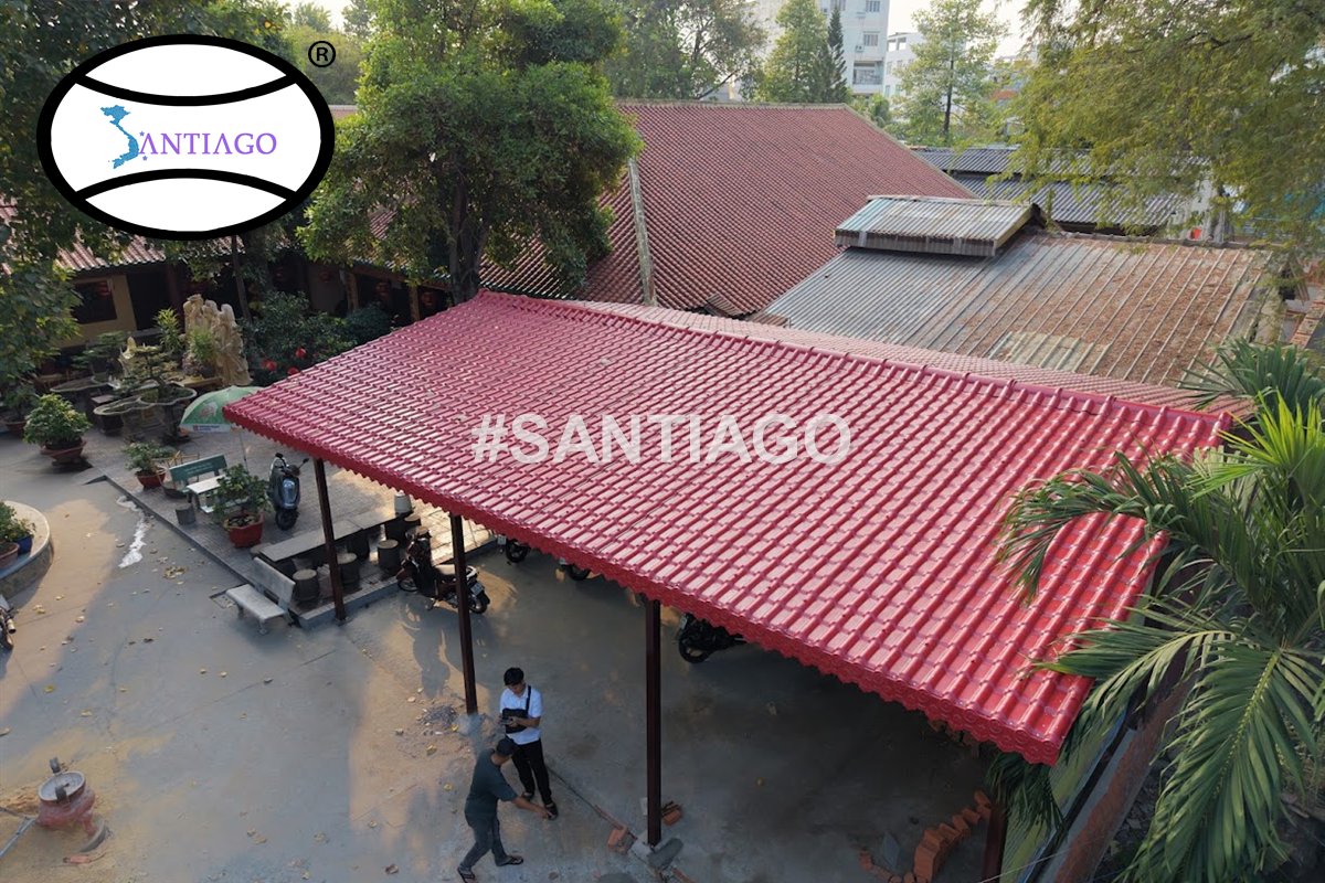 Mái nhà lợp ngói nhựa Santiago màu đỏ ngói nhìn từ trên cao