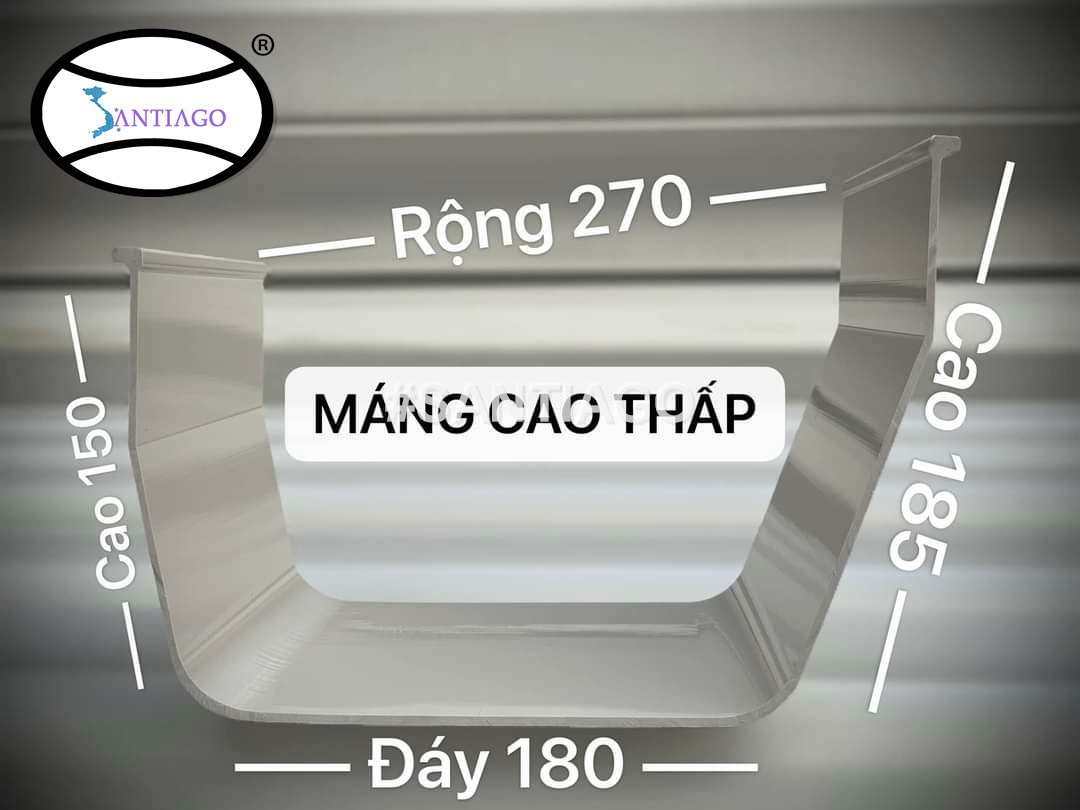 Mặt cắt máng xối nhựa vuông cao thấp, thành cao 185 mm, thành thấp 150 mm