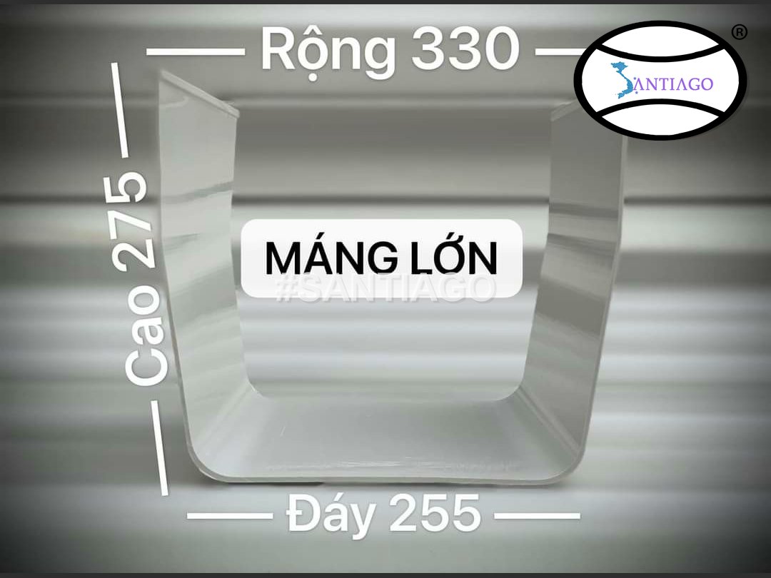 Mặt cắt máng xối nhựa vuông cỡ lớn rộng 330 mm, cao 275 mm, đáy 255 mm