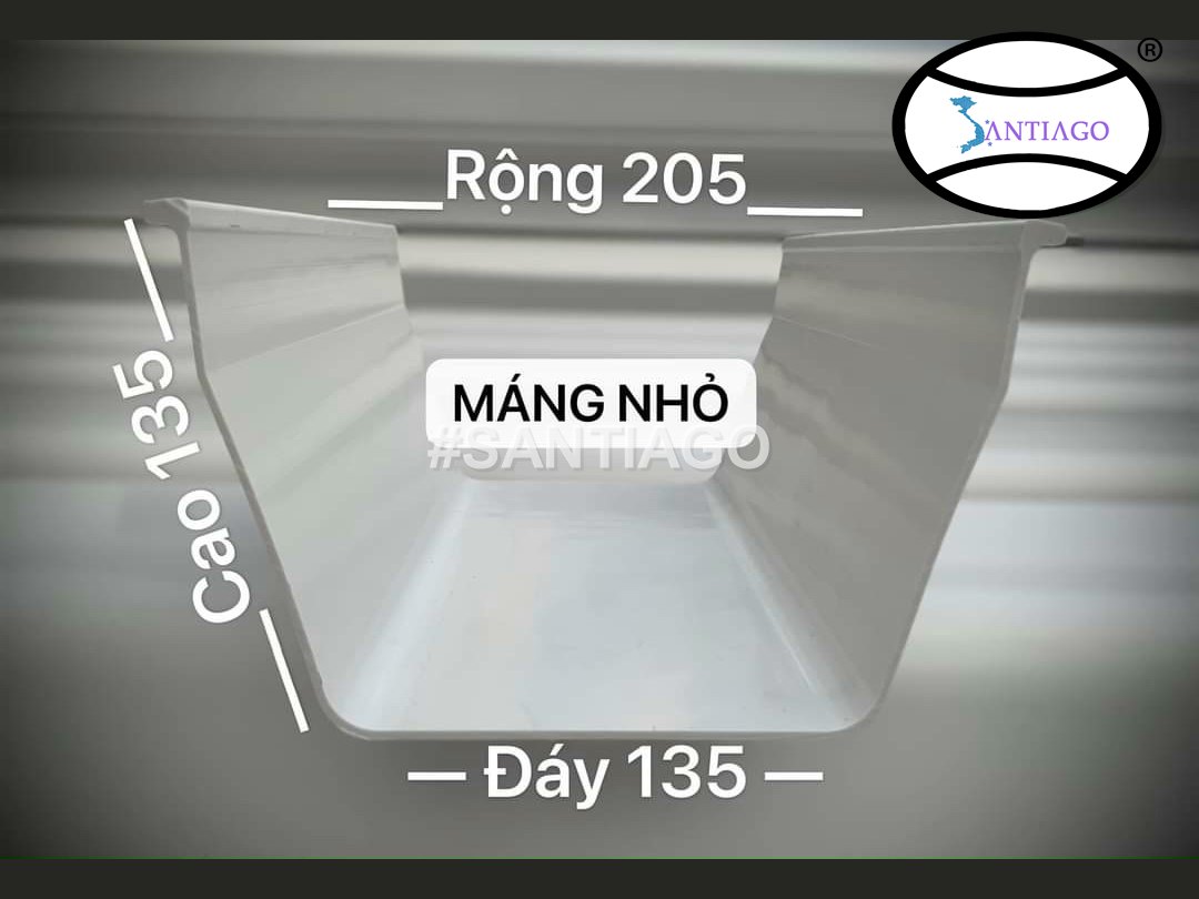 Mặt cắt máng xối nhựa vuông cỡ nhỏ rộng 205 mm, cao 135 mm