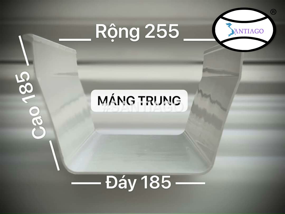 Mặt cắt máng xối nhựa vuông cỡ trung rộng 255 mm, cao 185 mm, đáy 185 mm