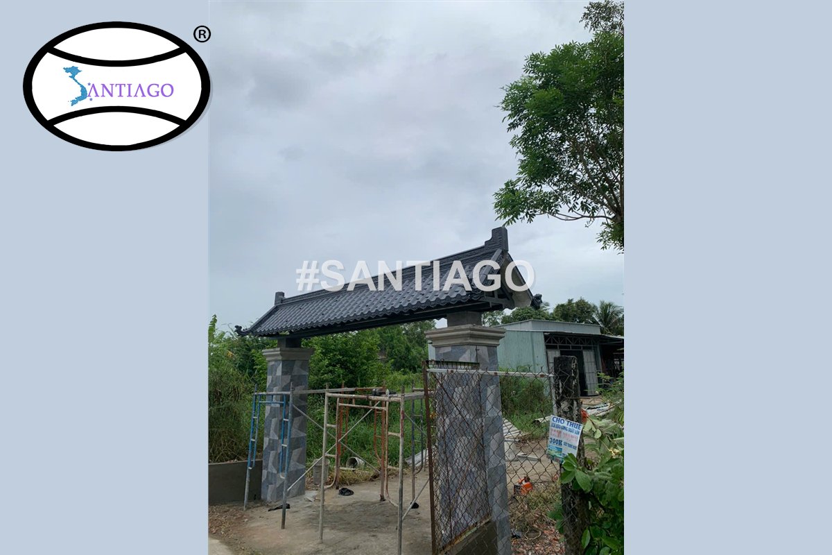 Cổng hai trụ lợp ngói nhựa âm dương kiểu Nhật màu xám