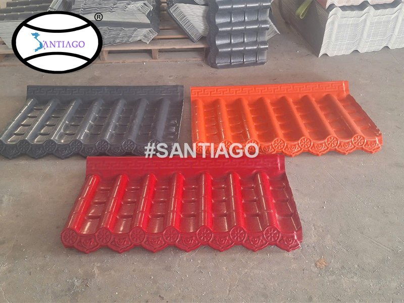 Tấm ngói nhựa âm dương màu xám đen, cam và đỏ có diềm hoa văn