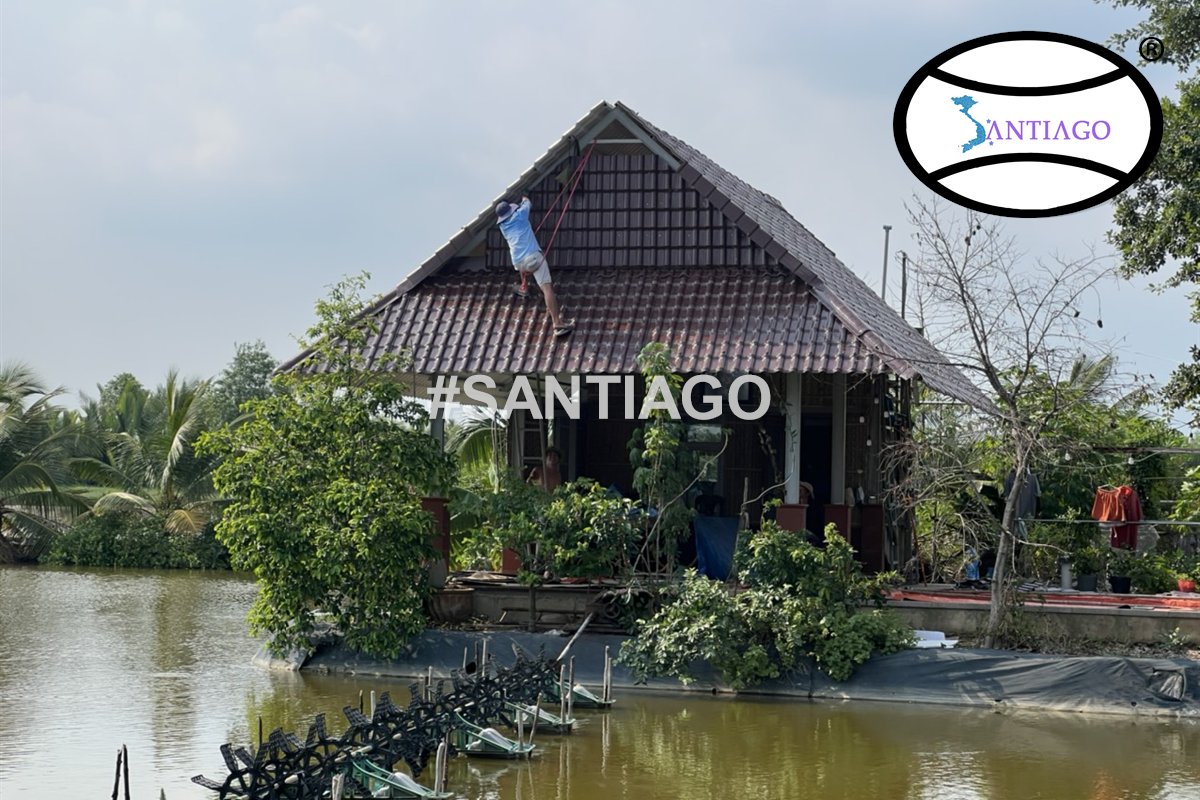 Nhà lợp ngói nhựa bên ao nước