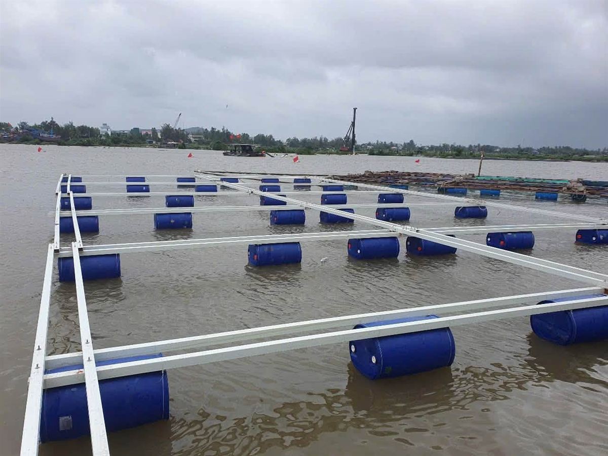Khung bè nuôi cá bằng thanh composite trên phao nhựa xanh