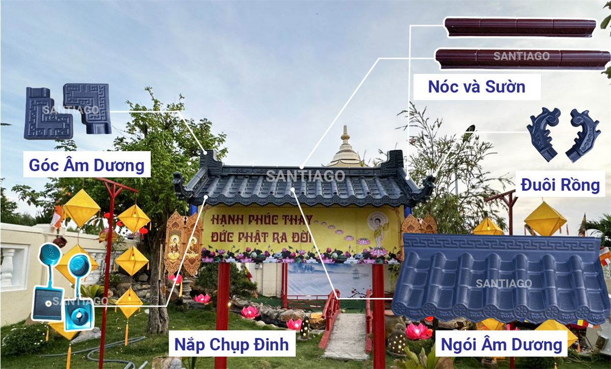 Phụ kiện ngói nhựa âm dương Santiago trên mái cổng chùa: góc âm dương, nóc và sườn, đuôi rồng, nắp chụp đinh