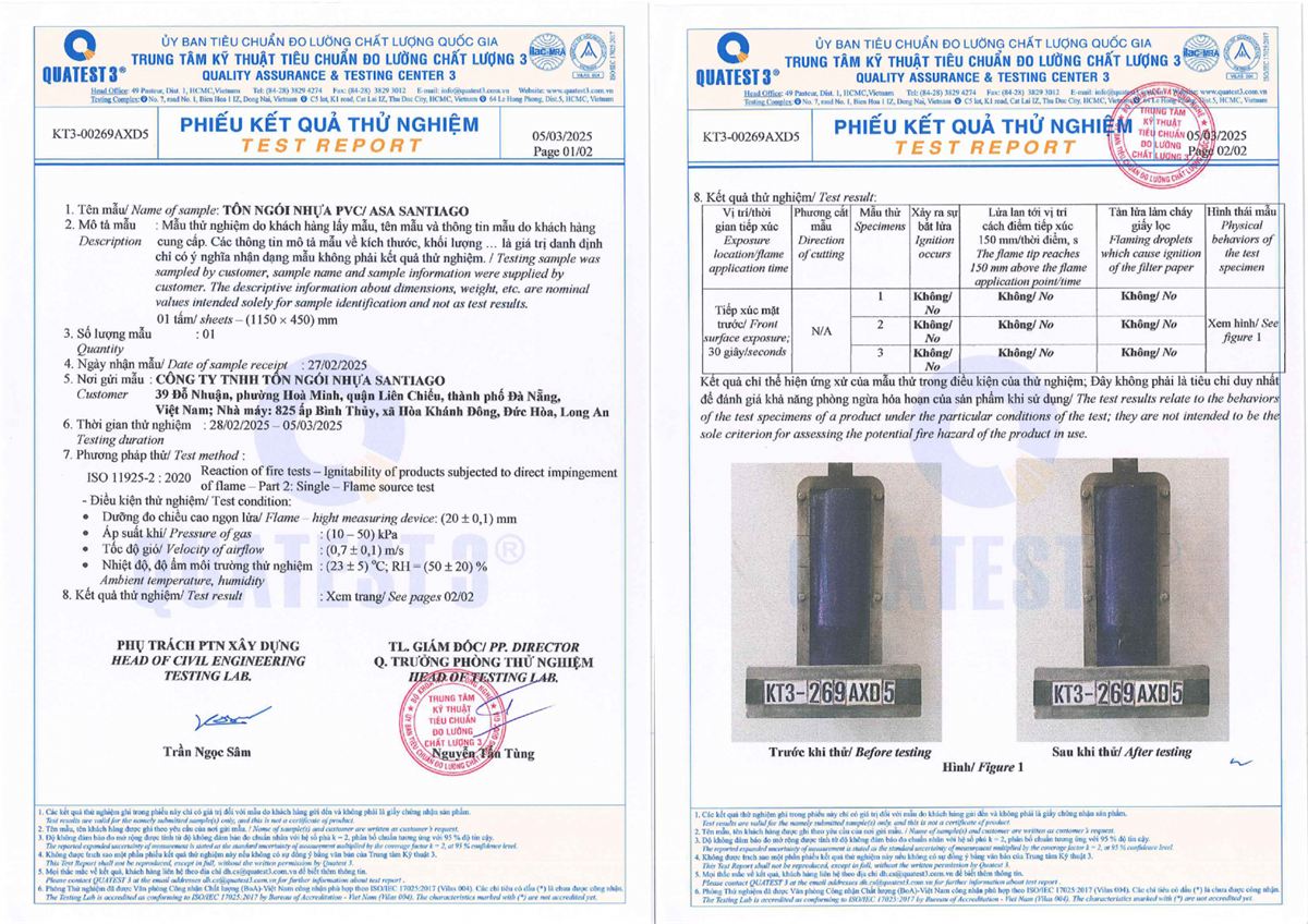test chống cháy tôn ngói nhựa