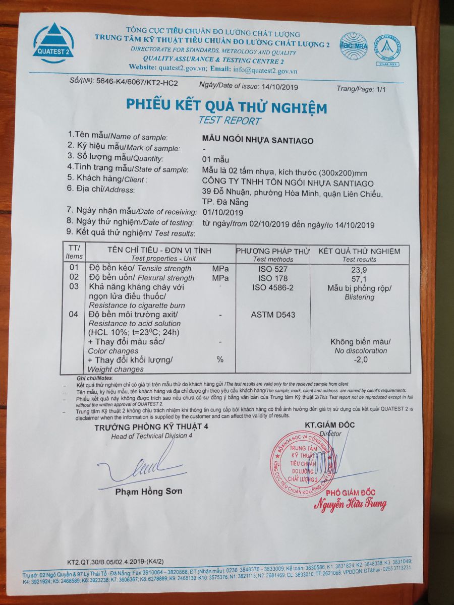 Phiếu kết quả thử nghiệm ngói nhựa
