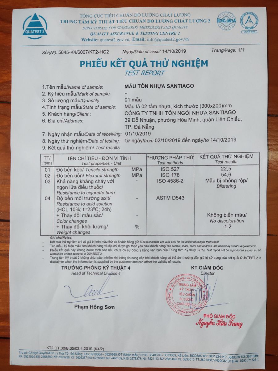 Kết quả kiểm nghiệm chất lượng tôn nhựa
