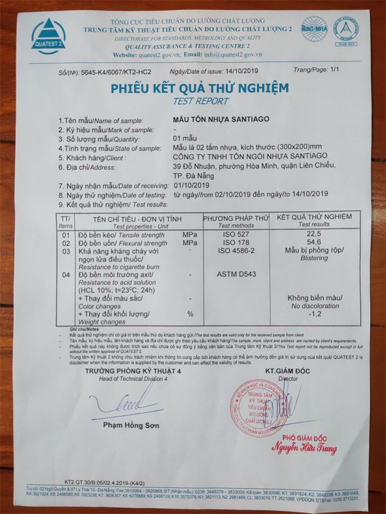 Phiếu kết quả thử nghiệm
