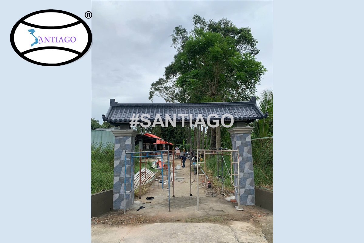 Cổng rào hai trụ đá lợp ngói nhựa âm dương xám