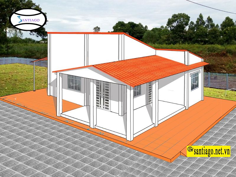 Mô phỏng nhà cấp 4 lợp ngói nhựa Santiago màu đỏ ngói