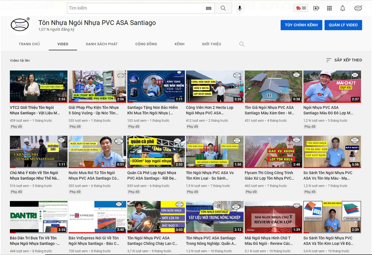 kênh youtube tôn ngói nhựa santiago